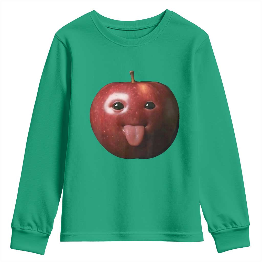 Cute Freaky Apple with Tongue Out Youth Sweatshirt Funny Goofy AI Fruit Meme - Wonder Print Shop