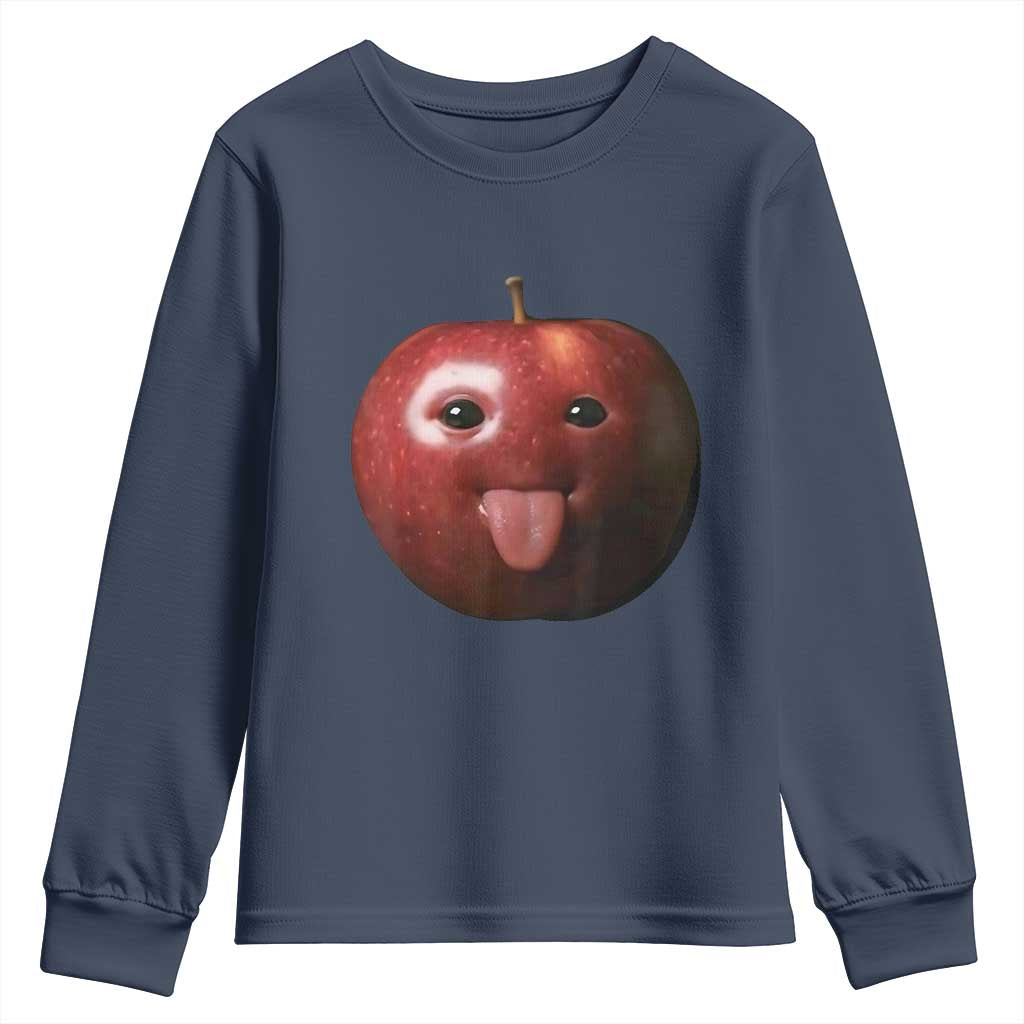 Cute Freaky Apple with Tongue Out Youth Sweatshirt Funny Goofy AI Fruit Meme - Wonder Print Shop