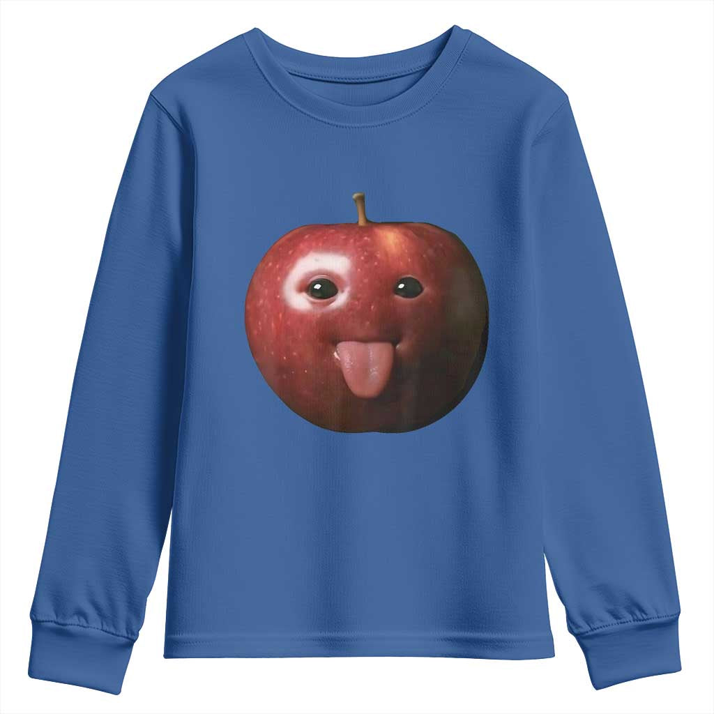 Cute Freaky Apple with Tongue Out Youth Sweatshirt Funny Goofy AI Fruit Meme - Wonder Print Shop