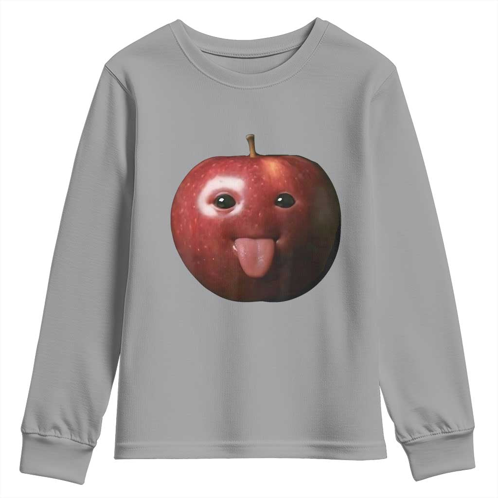 Cute Freaky Apple with Tongue Out Youth Sweatshirt Funny Goofy AI Fruit Meme - Wonder Print Shop