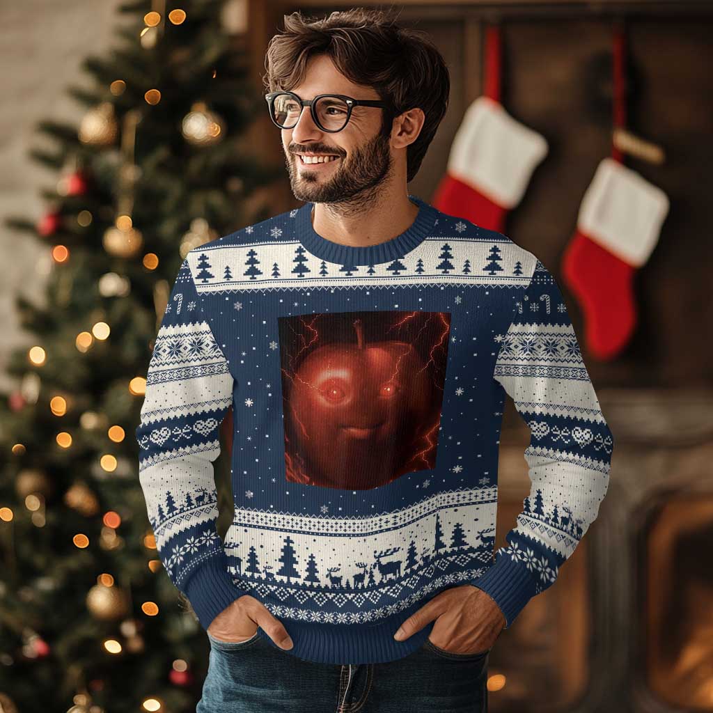 Evil Freaky Apple Meme Ugly Christmas Sweater Creepy Dark AI Fruit Face With Glowing Eyes - Wonder Print Shop