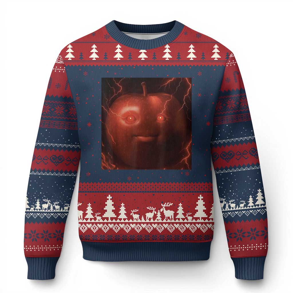 Evil Freaky Apple Meme Ugly Christmas Sweater Creepy Dark AI Fruit Face With Glowing Eyes - Wonder Print Shop