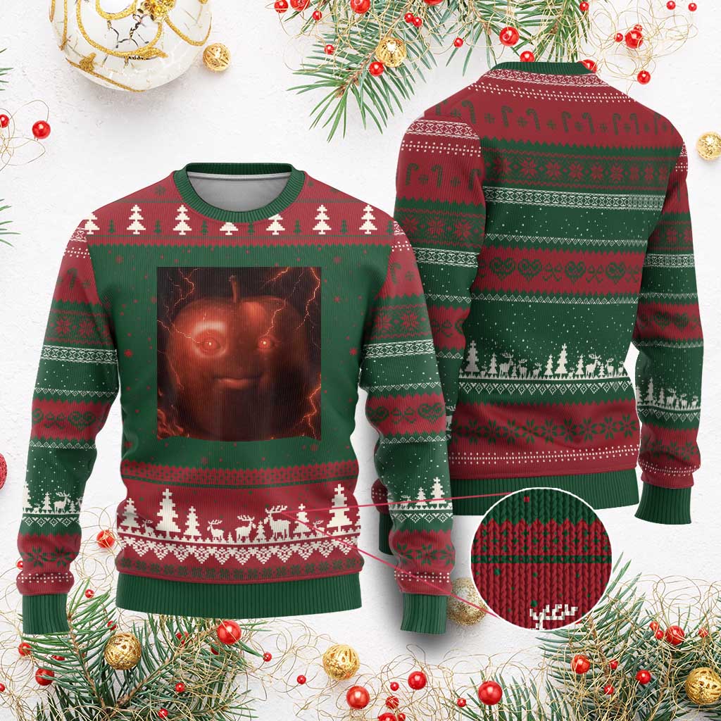 Evil Freaky Apple Meme Ugly Christmas Sweater Creepy Dark AI Fruit Face With Glowing Eyes - Wonder Print Shop