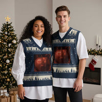 Evil Freaky Apple Meme V-Neck Knit Sweater Vest Creepy Dark AI Fruit Face With Glowing Eyes - Wonder Print Shop