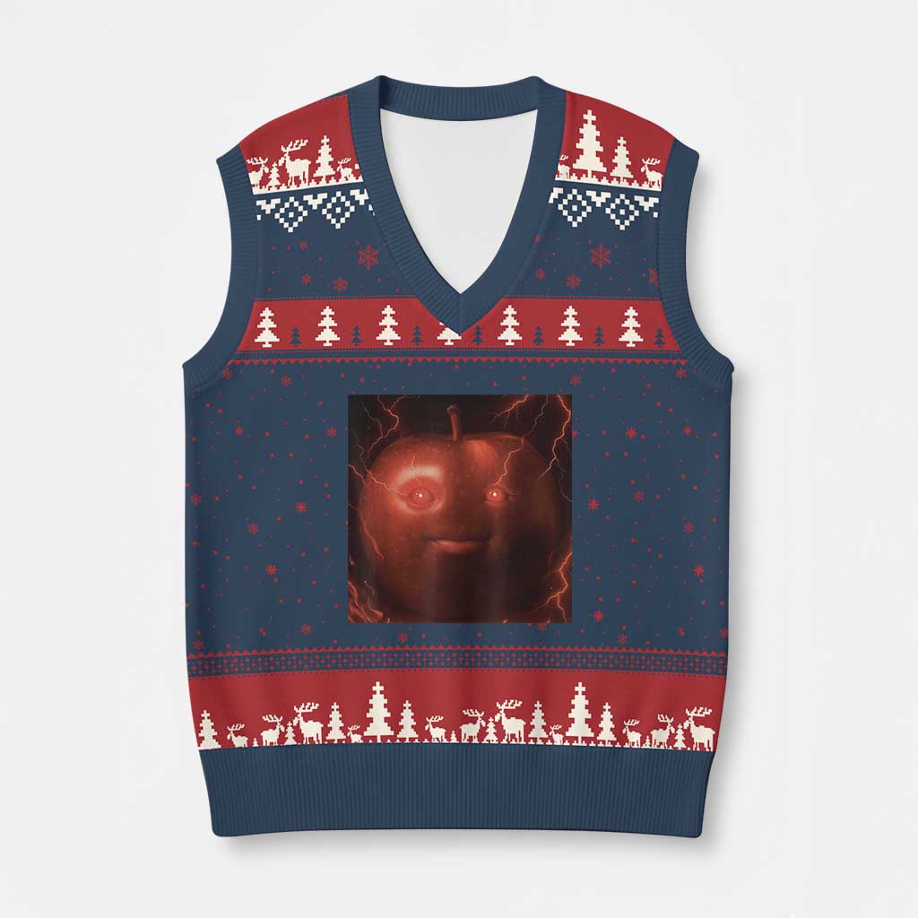 Evil Freaky Apple Meme V-Neck Knit Sweater Vest Creepy Dark AI Fruit Face With Glowing Eyes - Wonder Print Shop