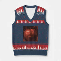 Evil Freaky Apple Meme V-Neck Knit Sweater Vest Creepy Dark AI Fruit Face With Glowing Eyes - Wonder Print Shop