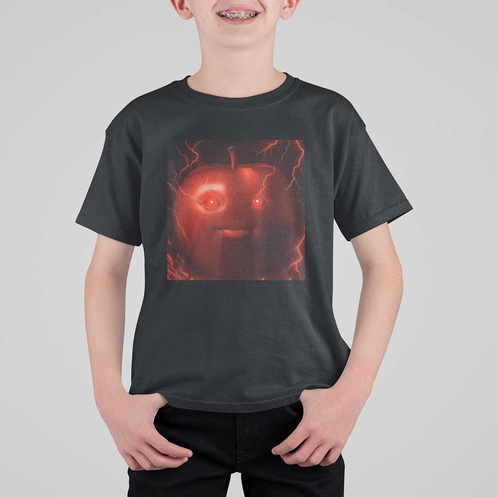 Evil Freaky Apple Meme T Shirt For Kid Creepy Dark AI Fruit Face With Glowing Eyes - Wonder Print Shop