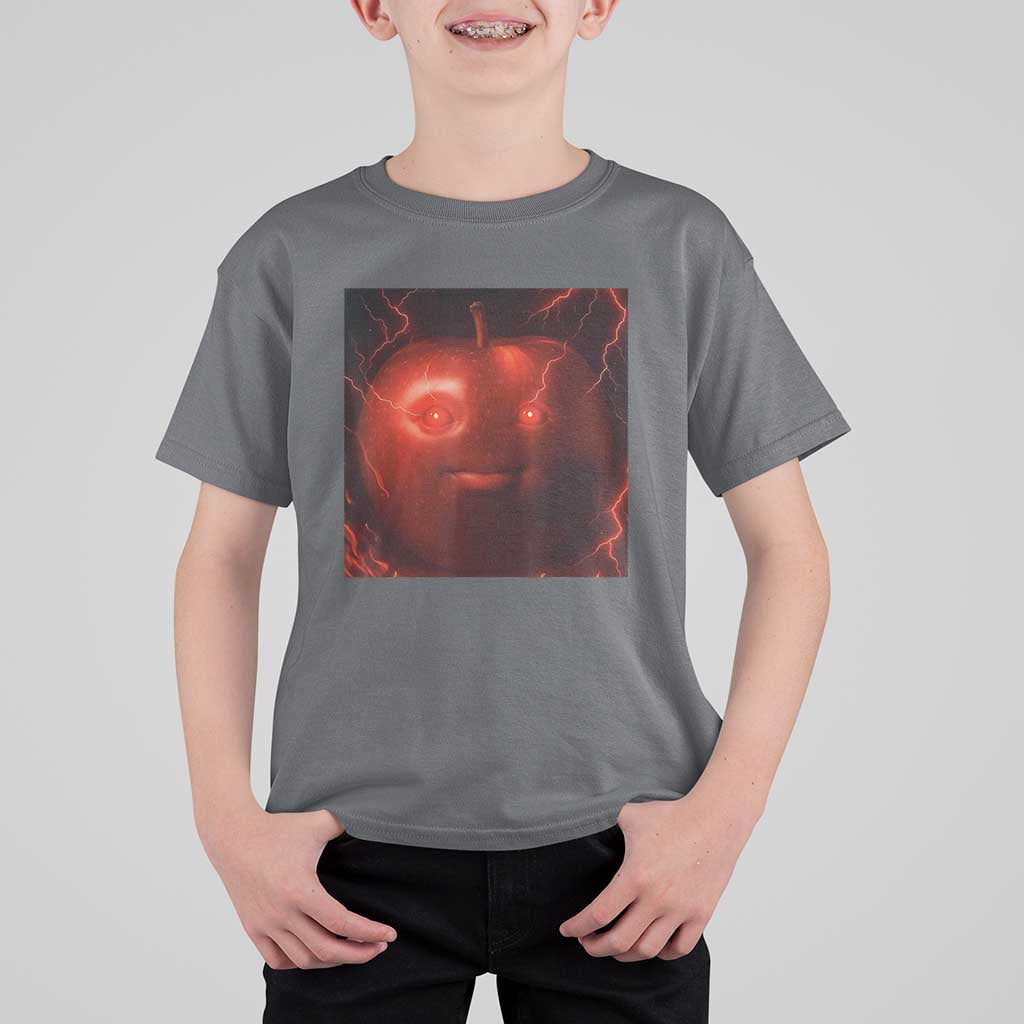 Evil Freaky Apple Meme T Shirt For Kid Creepy Dark AI Fruit Face With Glowing Eyes - Wonder Print Shop