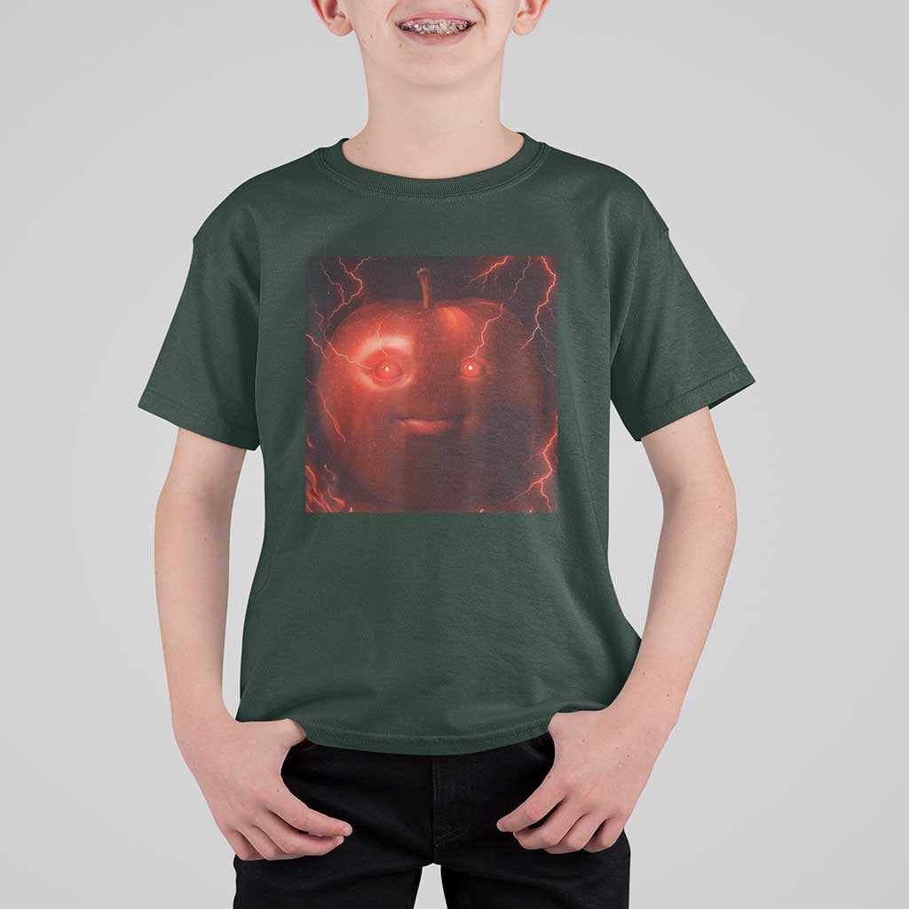 Evil Freaky Apple Meme T Shirt For Kid Creepy Dark AI Fruit Face With Glowing Eyes - Wonder Print Shop