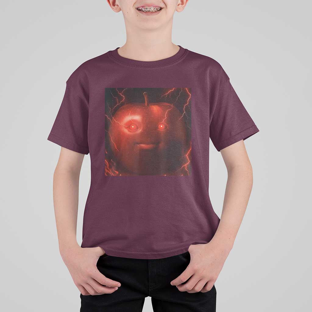 Evil Freaky Apple Meme T Shirt For Kid Creepy Dark AI Fruit Face With Glowing Eyes - Wonder Print Shop