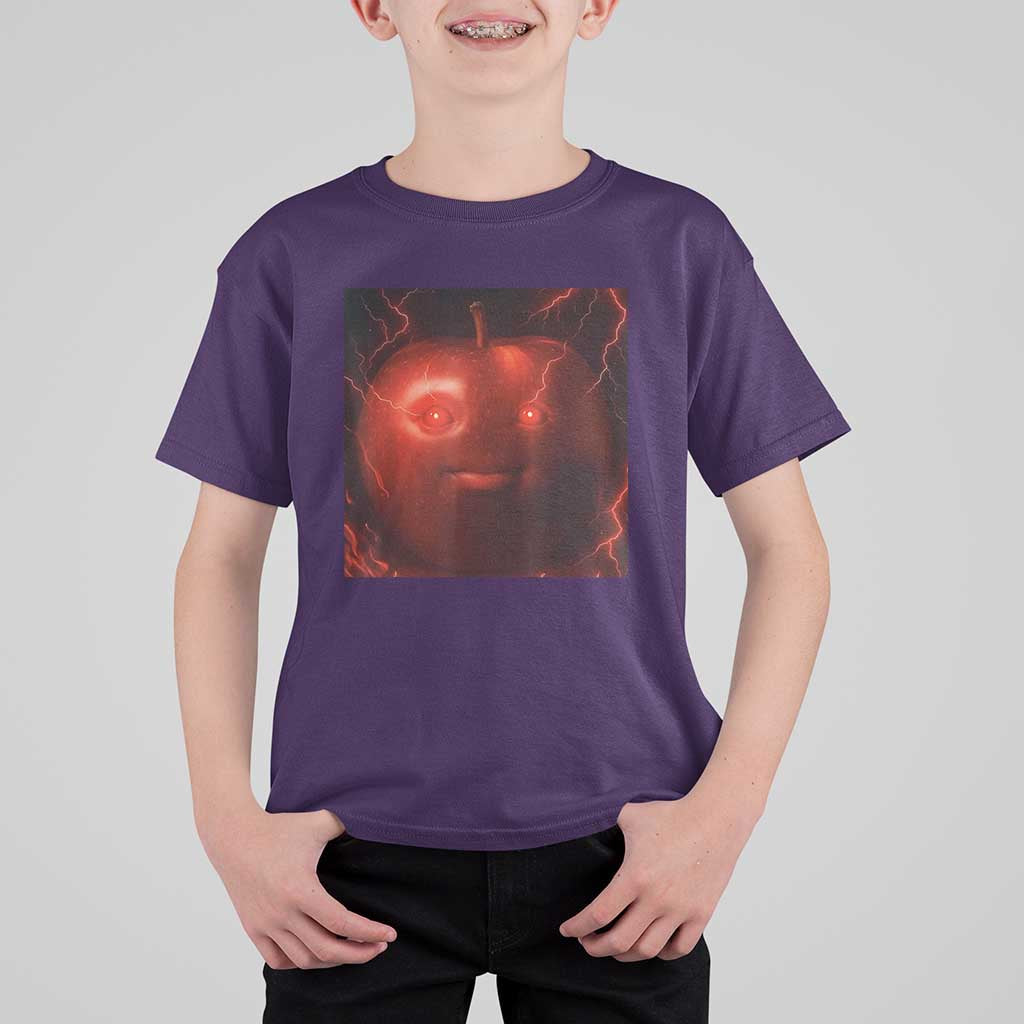 Evil Freaky Apple Meme T Shirt For Kid Creepy Dark AI Fruit Face With Glowing Eyes - Wonder Print Shop