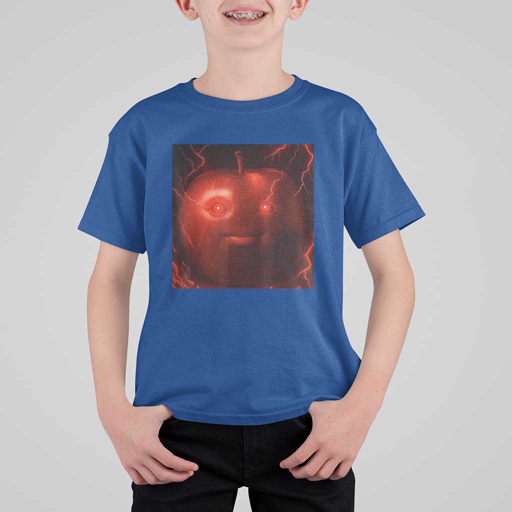 Evil Freaky Apple Meme T Shirt For Kid Creepy Dark AI Fruit Face With Glowing Eyes - Wonder Print Shop