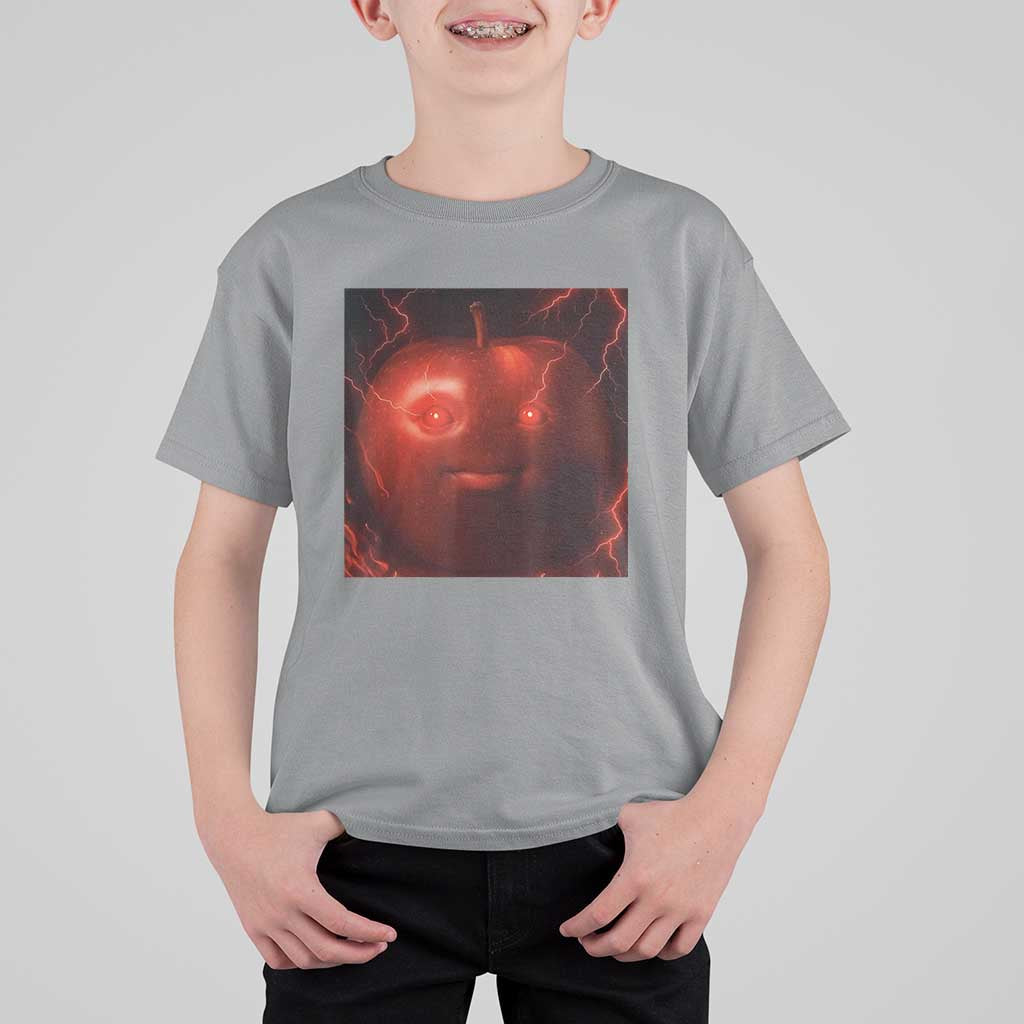 Evil Freaky Apple Meme T Shirt For Kid Creepy Dark AI Fruit Face With Glowing Eyes - Wonder Print Shop