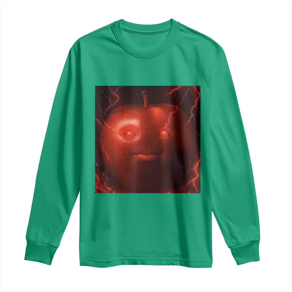 Evil Freaky Apple Meme Long Sleeve Shirt Creepy Dark AI Fruit Face With Glowing Eyes - Wonder Print Shop