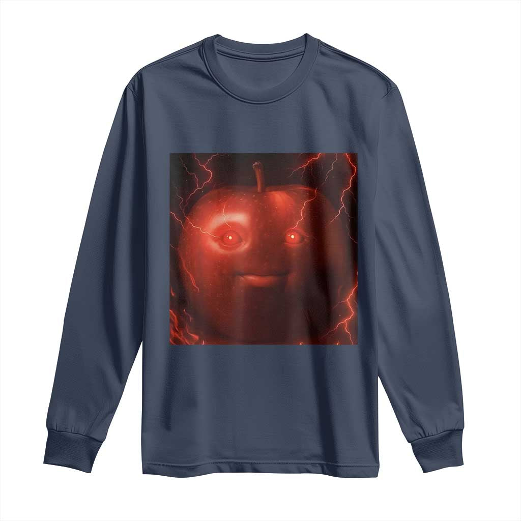 Evil Freaky Apple Meme Long Sleeve Shirt Creepy Dark AI Fruit Face With Glowing Eyes - Wonder Print Shop