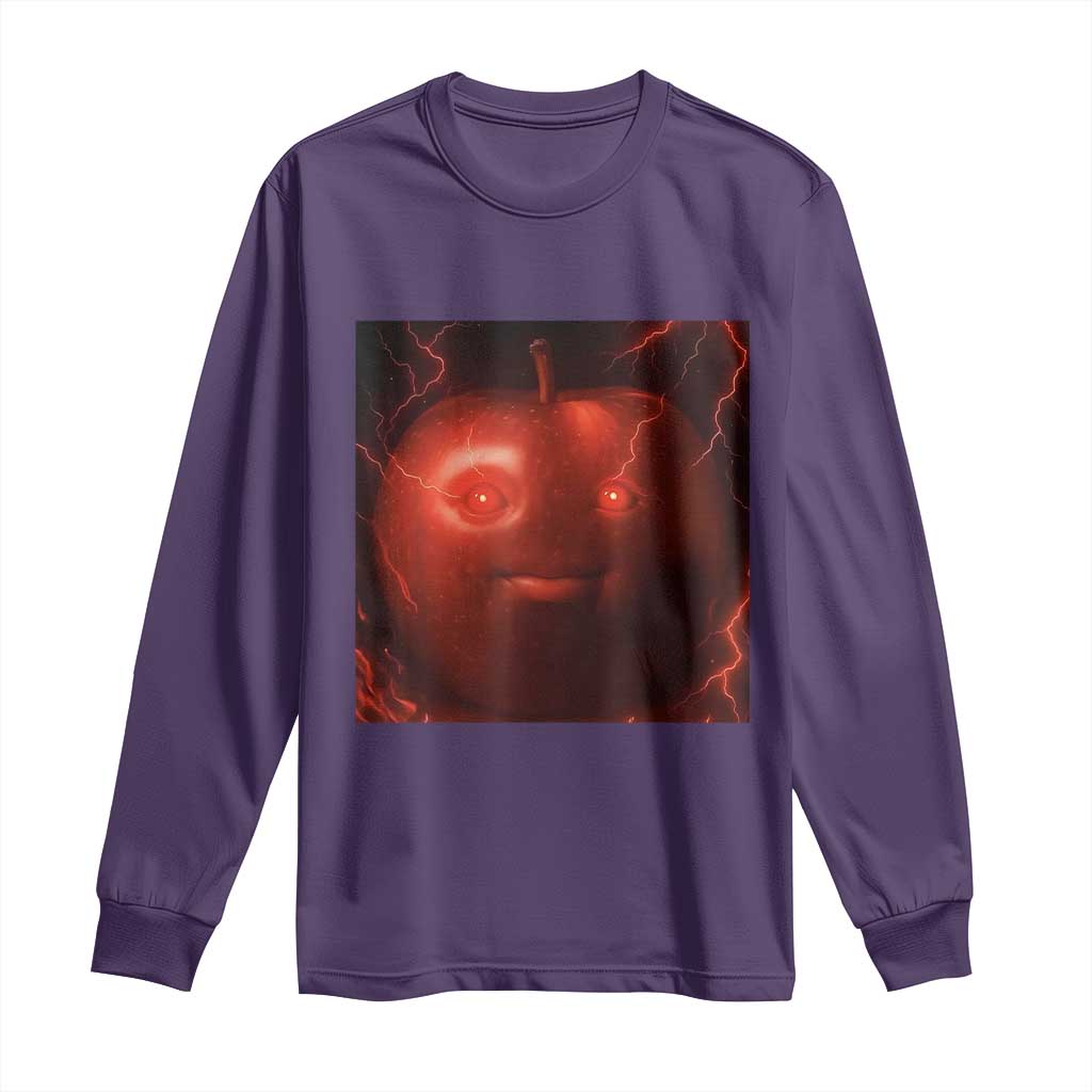 Evil Freaky Apple Meme Long Sleeve Shirt Creepy Dark AI Fruit Face With Glowing Eyes - Wonder Print Shop