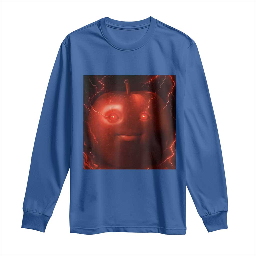 Evil Freaky Apple Meme Long Sleeve Shirt Creepy Dark AI Fruit Face With Glowing Eyes - Wonder Print Shop