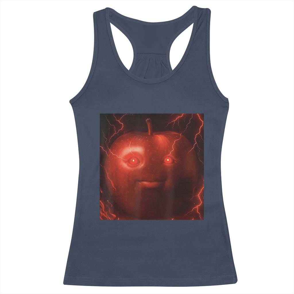 Evil Freaky Apple Meme Racerback Tank Top Creepy Dark AI Fruit Face With Glowing Eyes - Wonder Print Shop