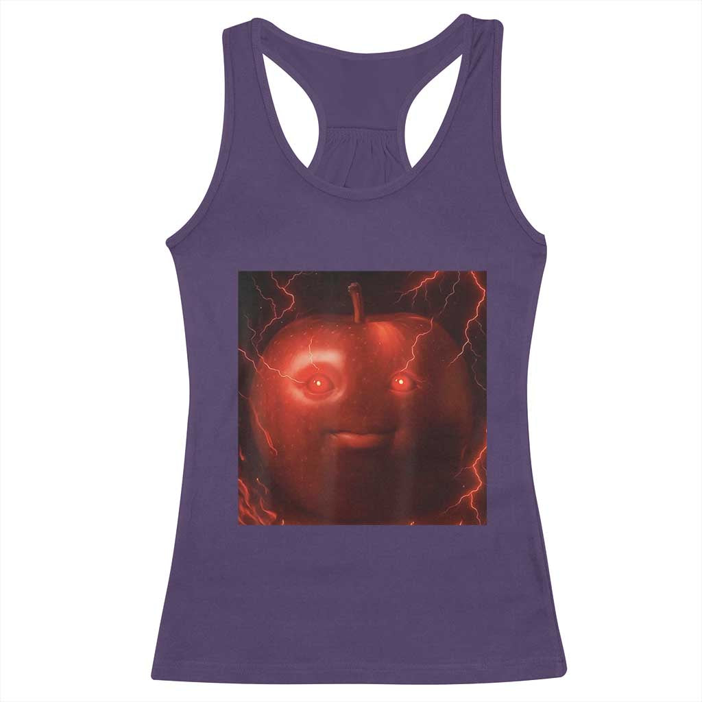 Evil Freaky Apple Meme Racerback Tank Top Creepy Dark AI Fruit Face With Glowing Eyes - Wonder Print Shop