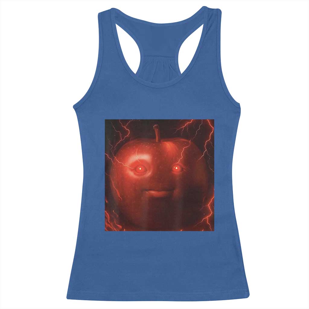 Evil Freaky Apple Meme Racerback Tank Top Creepy Dark AI Fruit Face With Glowing Eyes - Wonder Print Shop