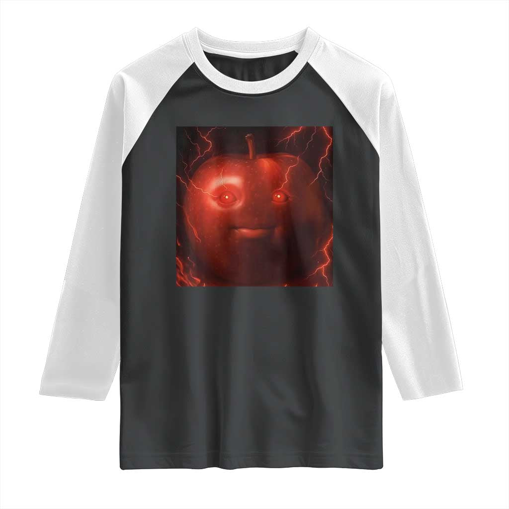 Evil Freaky Apple Meme Raglan Shirt Creepy Dark AI Fruit Face With Glowing Eyes - Wonder Print Shop