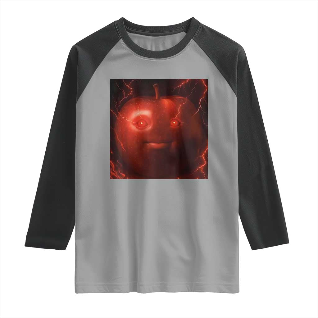 Evil Freaky Apple Meme Raglan Shirt Creepy Dark AI Fruit Face With Glowing Eyes - Wonder Print Shop