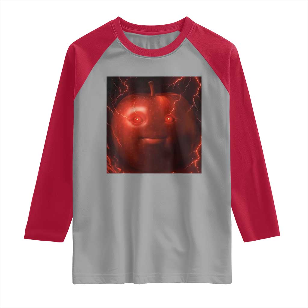 Evil Freaky Apple Meme Raglan Shirt Creepy Dark AI Fruit Face With Glowing Eyes - Wonder Print Shop