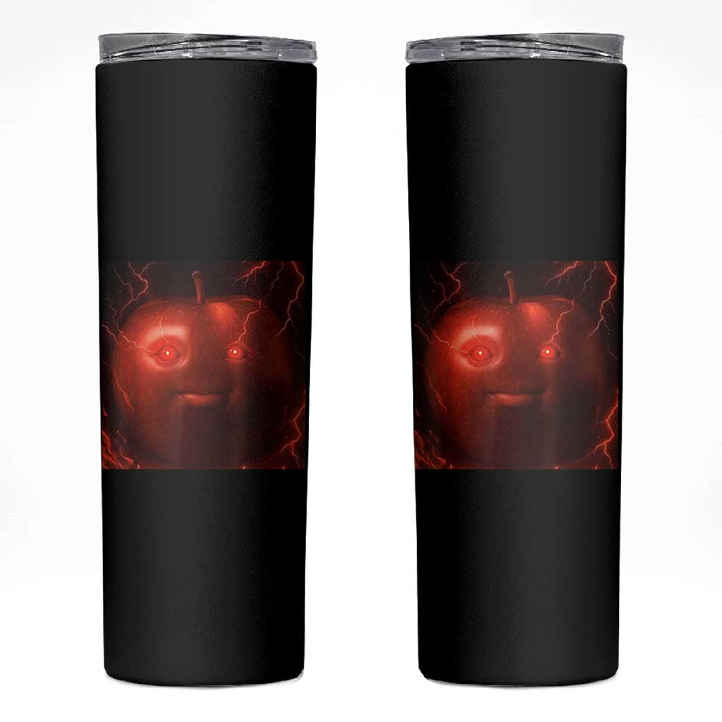 Evil Freaky Apple Meme Skinny Tumbler Creepy Dark AI Fruit Face With Glowing Eyes - Wonder Print Shop