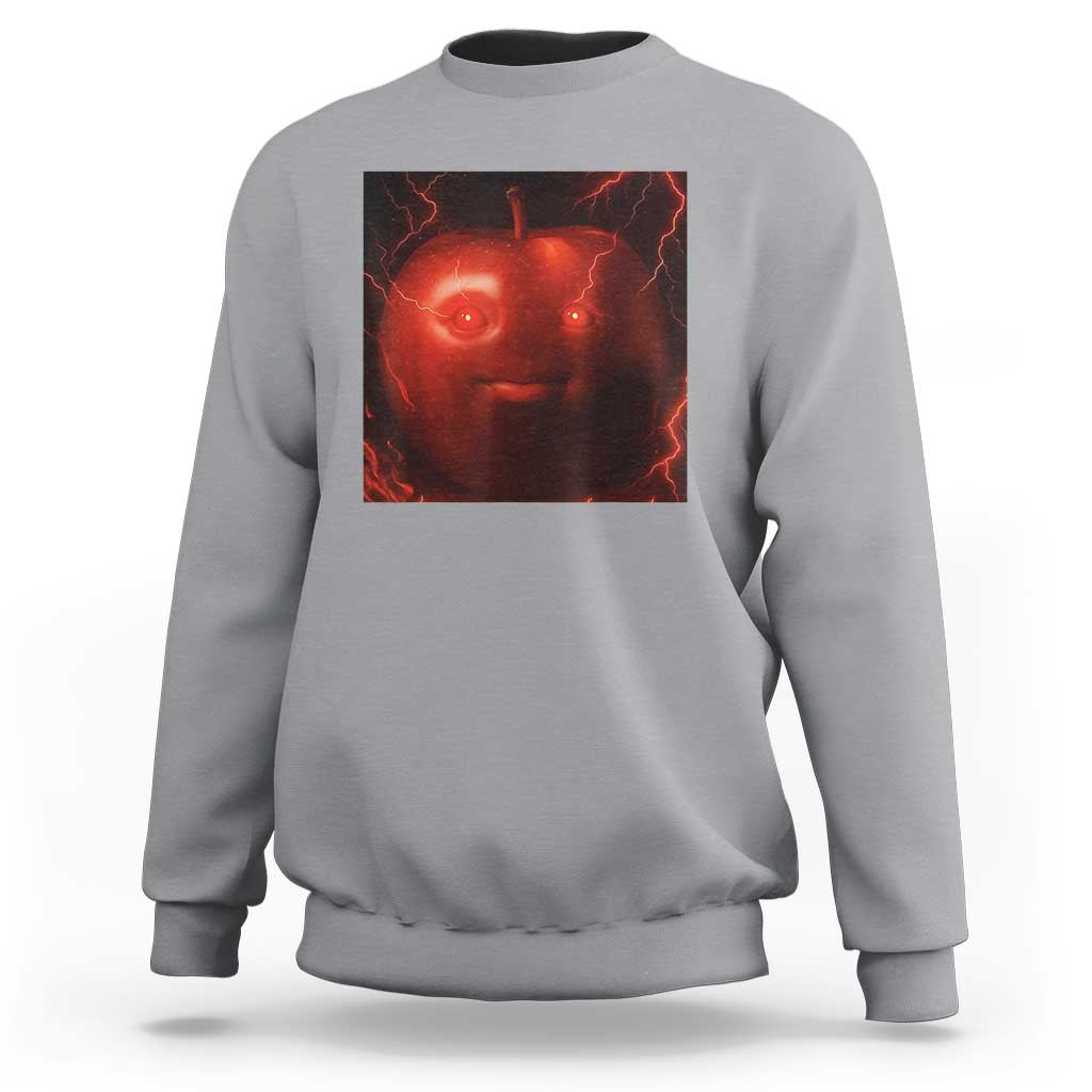 Evil Freaky Apple Meme Sweatshirt Creepy Dark AI Fruit Face With Glowing Eyes - Wonder Print Shop