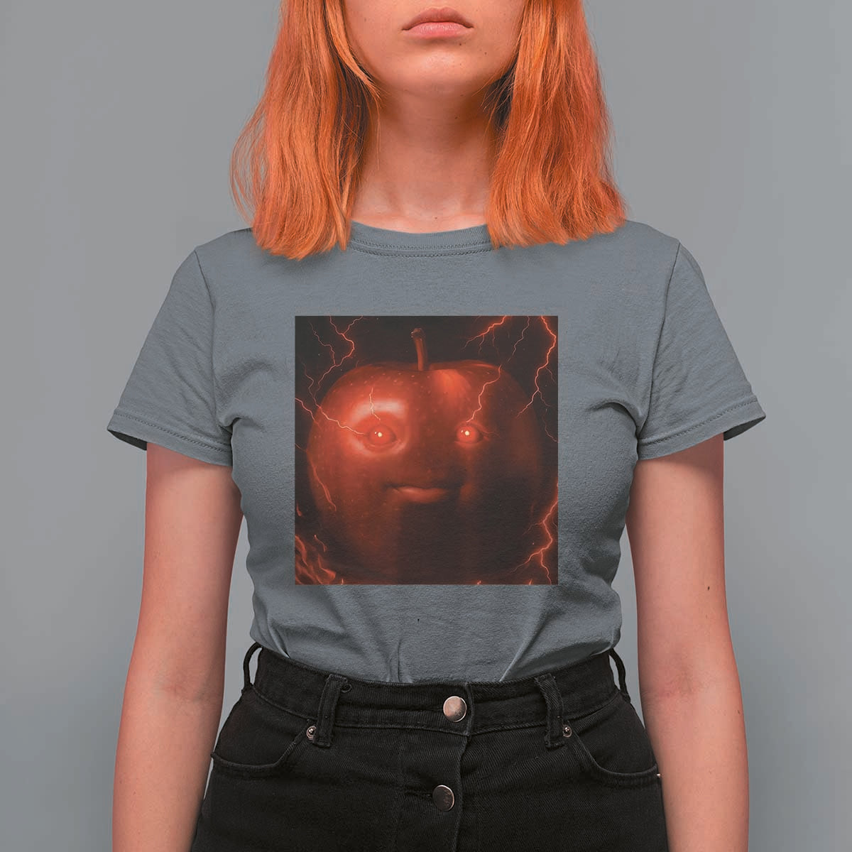 Evil Freaky Apple Meme T Shirt For Women Creepy Dark AI Fruit Face With Glowing Eyes - Wonder Print Shop