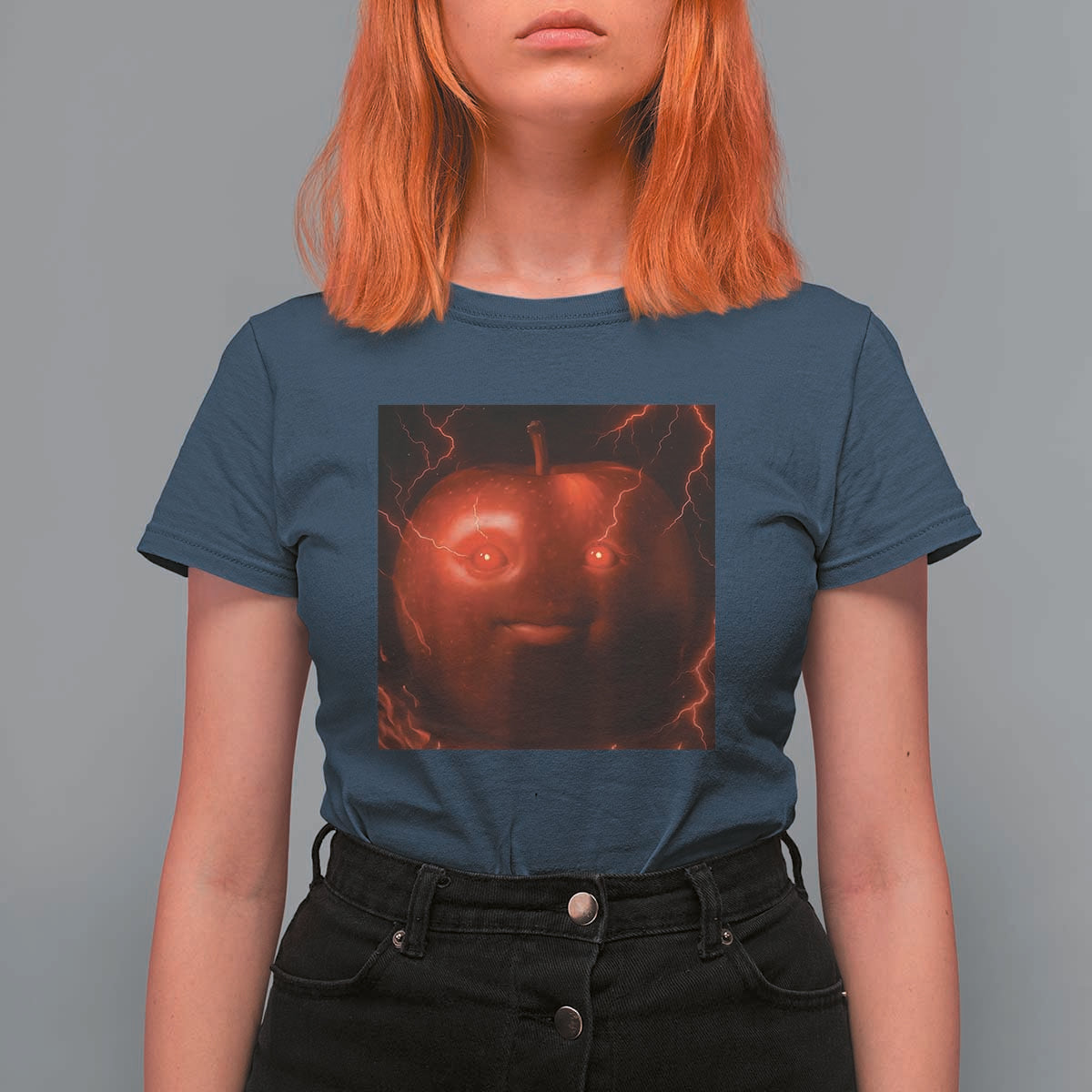 Evil Freaky Apple Meme T Shirt For Women Creepy Dark AI Fruit Face With Glowing Eyes - Wonder Print Shop
