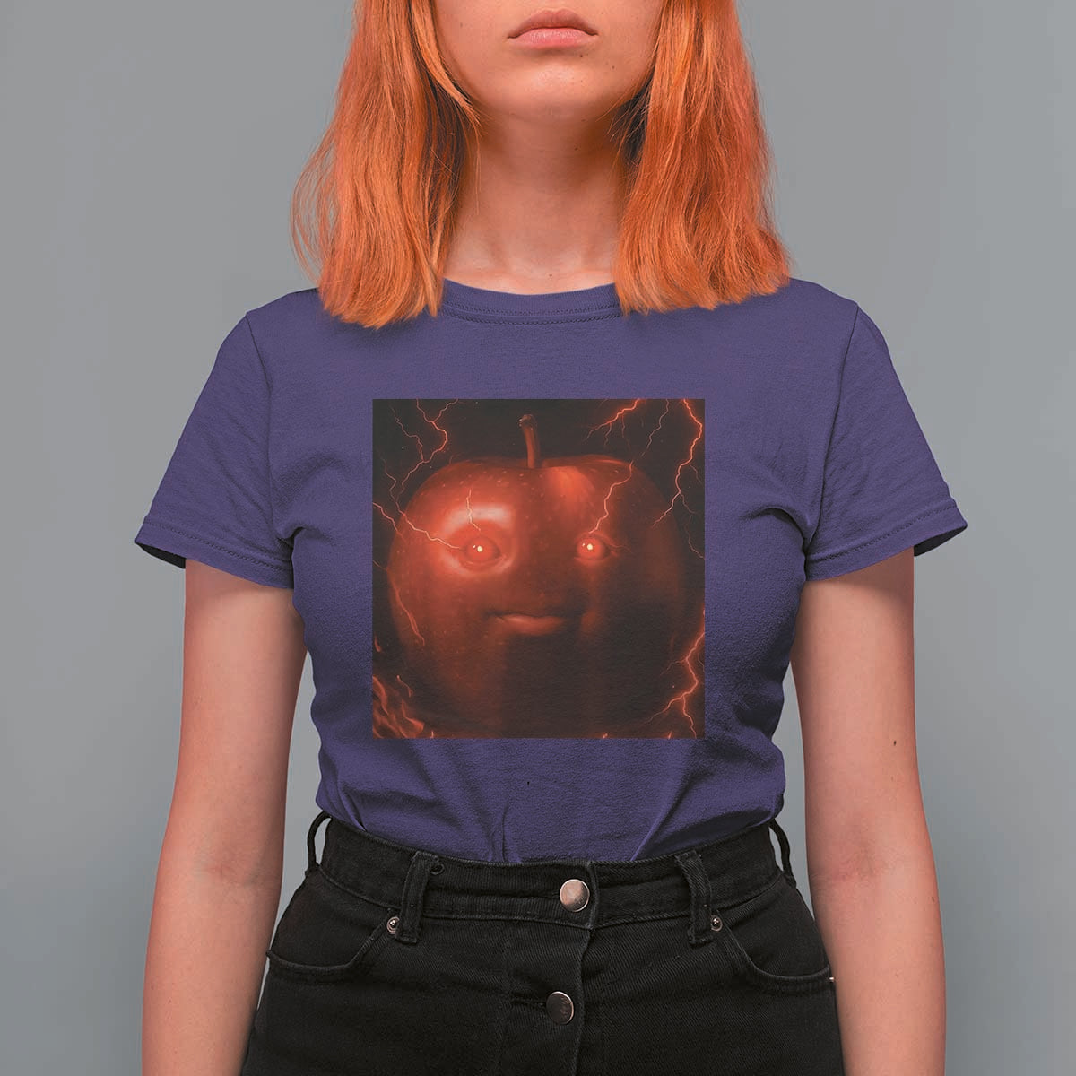 Evil Freaky Apple Meme T Shirt For Women Creepy Dark AI Fruit Face With Glowing Eyes - Wonder Print Shop