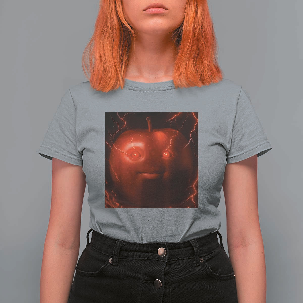 Evil Freaky Apple Meme T Shirt For Women Creepy Dark AI Fruit Face With Glowing Eyes - Wonder Print Shop