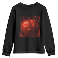 Evil Freaky Apple Meme Youth Sweatshirt Creepy Dark AI Fruit Face With Glowing Eyes - Wonder Print Shop