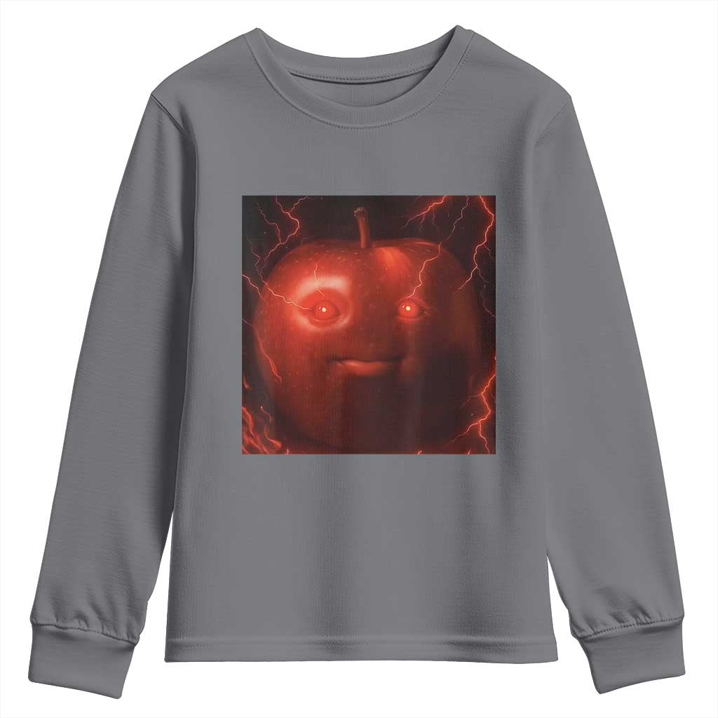 Evil Freaky Apple Meme Youth Sweatshirt Creepy Dark AI Fruit Face With Glowing Eyes - Wonder Print Shop