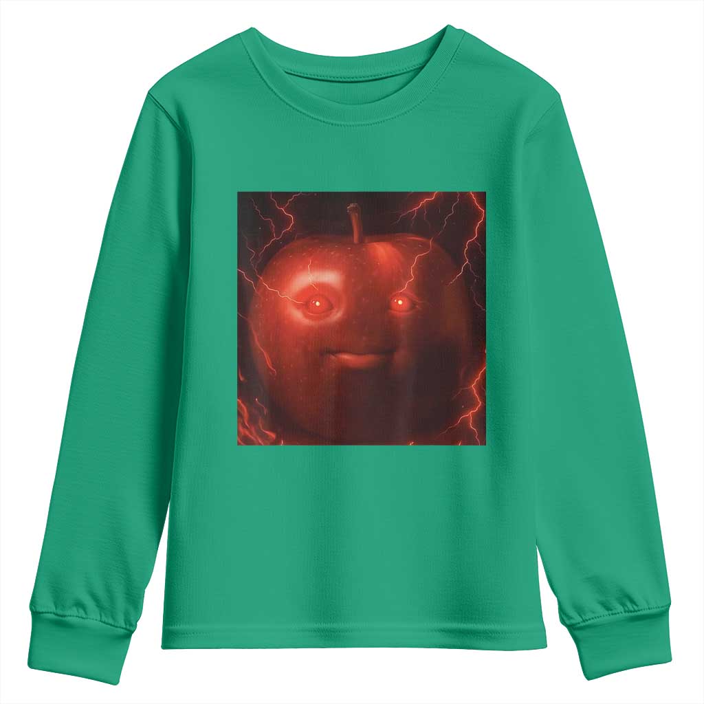 Evil Freaky Apple Meme Youth Sweatshirt Creepy Dark AI Fruit Face With Glowing Eyes - Wonder Print Shop
