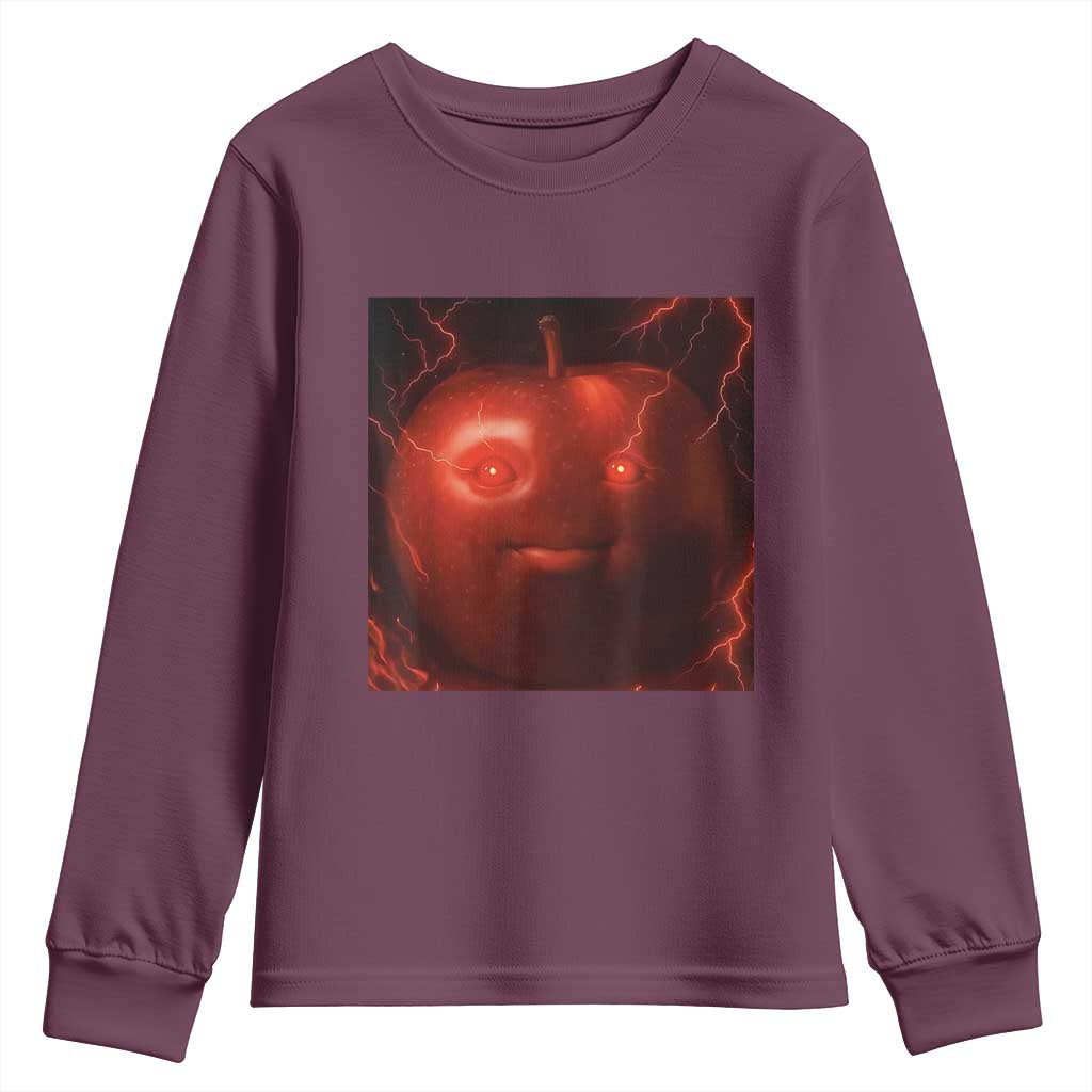 Evil Freaky Apple Meme Youth Sweatshirt Creepy Dark AI Fruit Face With Glowing Eyes - Wonder Print Shop