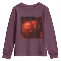 Evil Freaky Apple Meme Youth Sweatshirt Creepy Dark AI Fruit Face With Glowing Eyes - Wonder Print Shop