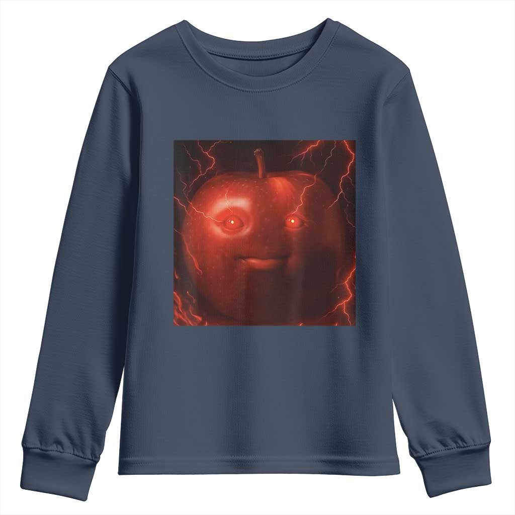 Evil Freaky Apple Meme Youth Sweatshirt Creepy Dark AI Fruit Face With Glowing Eyes - Wonder Print Shop