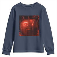 Evil Freaky Apple Meme Youth Sweatshirt Creepy Dark AI Fruit Face With Glowing Eyes - Wonder Print Shop