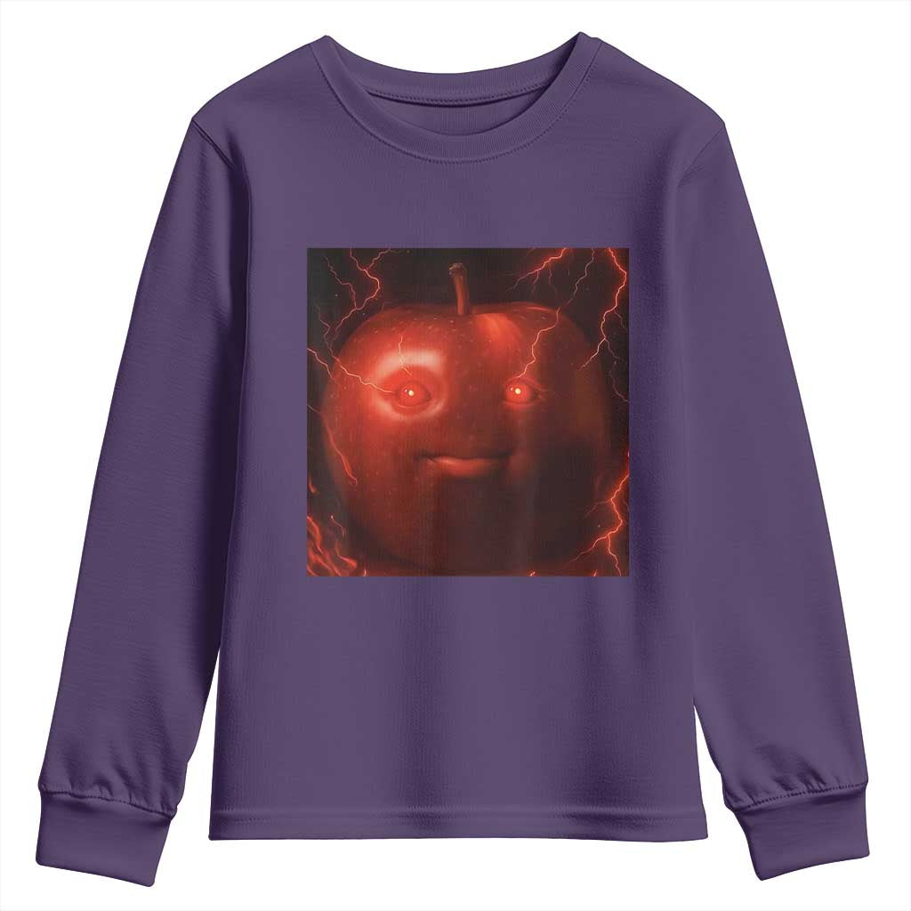 Evil Freaky Apple Meme Youth Sweatshirt Creepy Dark AI Fruit Face With Glowing Eyes - Wonder Print Shop