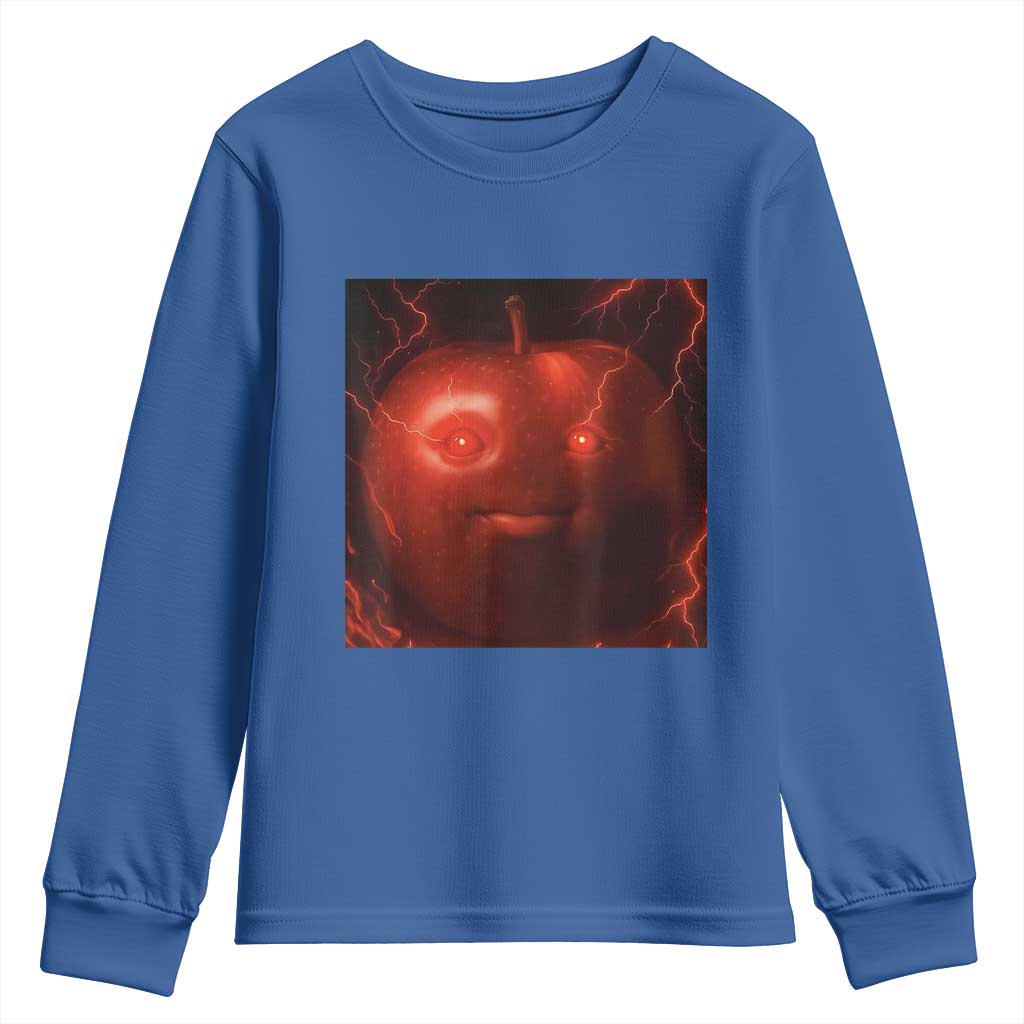 Evil Freaky Apple Meme Youth Sweatshirt Creepy Dark AI Fruit Face With Glowing Eyes - Wonder Print Shop