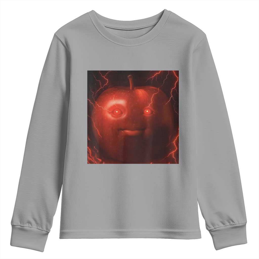 Evil Freaky Apple Meme Youth Sweatshirt Creepy Dark AI Fruit Face With Glowing Eyes - Wonder Print Shop