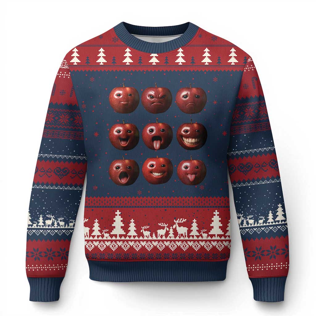 Funny Freaky Apple Faces Meme Graphic Ugly Christmas Sweater Surreal Weird AI Fruit Emotions - Wonder Print Shop