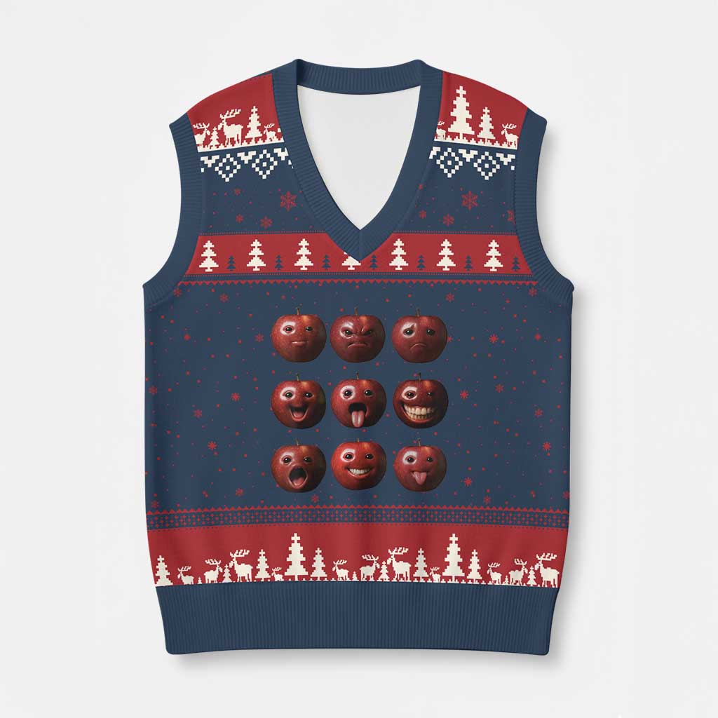Funny Freaky Apple Faces Meme Graphic V-Neck Knit Sweater Vest Surreal Weird AI Fruit Emotions - Wonder Print Shop