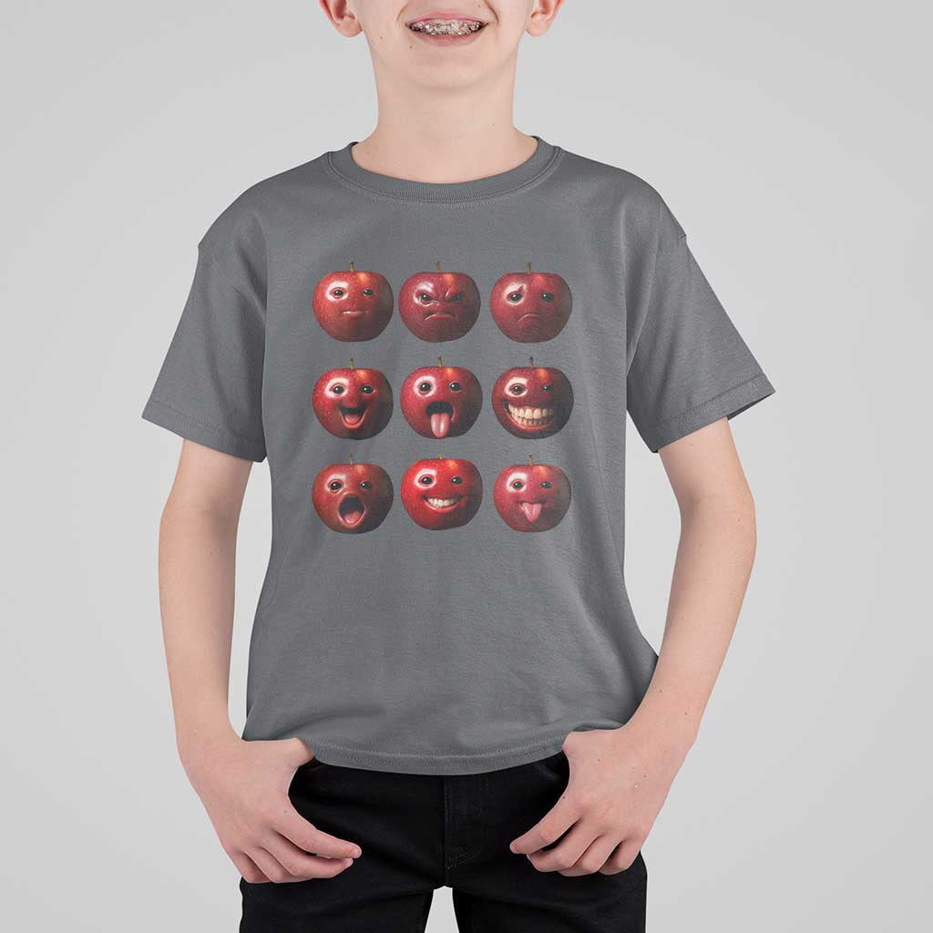 Funny Freaky Apple Faces Meme Graphic T Shirt For Kid Surreal Weird AI Fruit Emotions - Wonder Print Shop