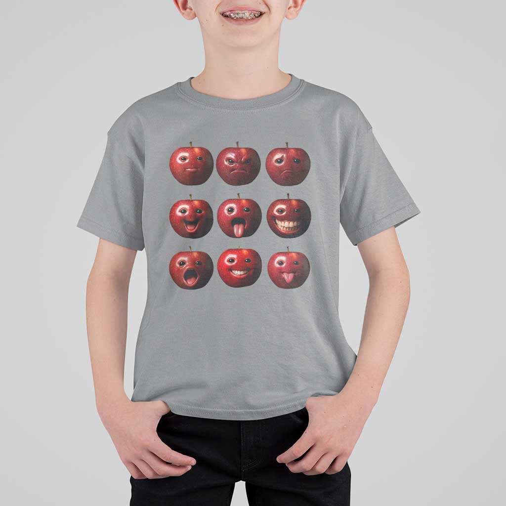 Funny Freaky Apple Faces Meme Graphic T Shirt For Kid Surreal Weird AI Fruit Emotions - Wonder Print Shop