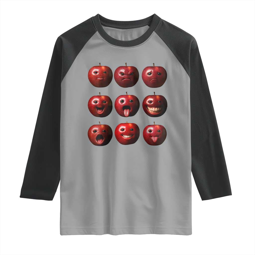 Funny Freaky Apple Faces Meme Graphic Raglan Shirt Surreal Weird AI Fruit Emotions - Wonder Print Shop