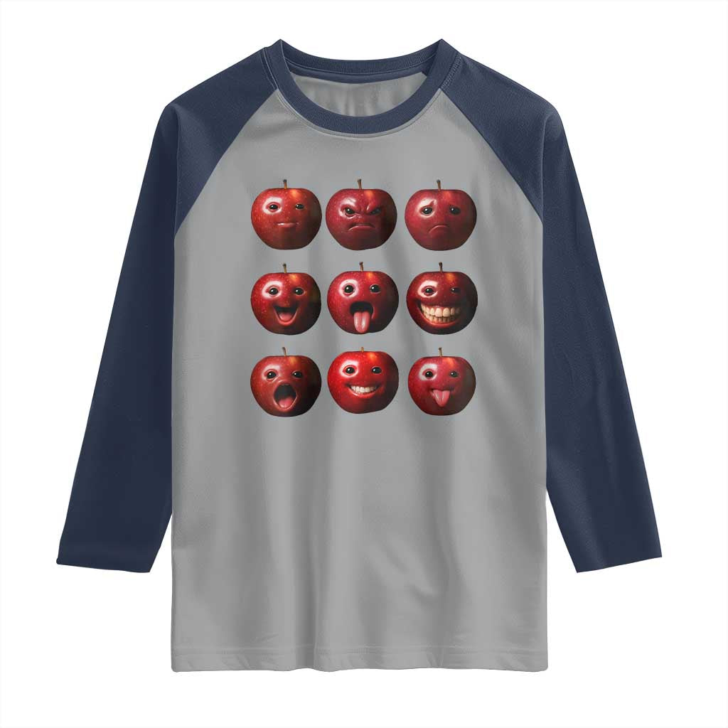Funny Freaky Apple Faces Meme Graphic Raglan Shirt Surreal Weird AI Fruit Emotions - Wonder Print Shop