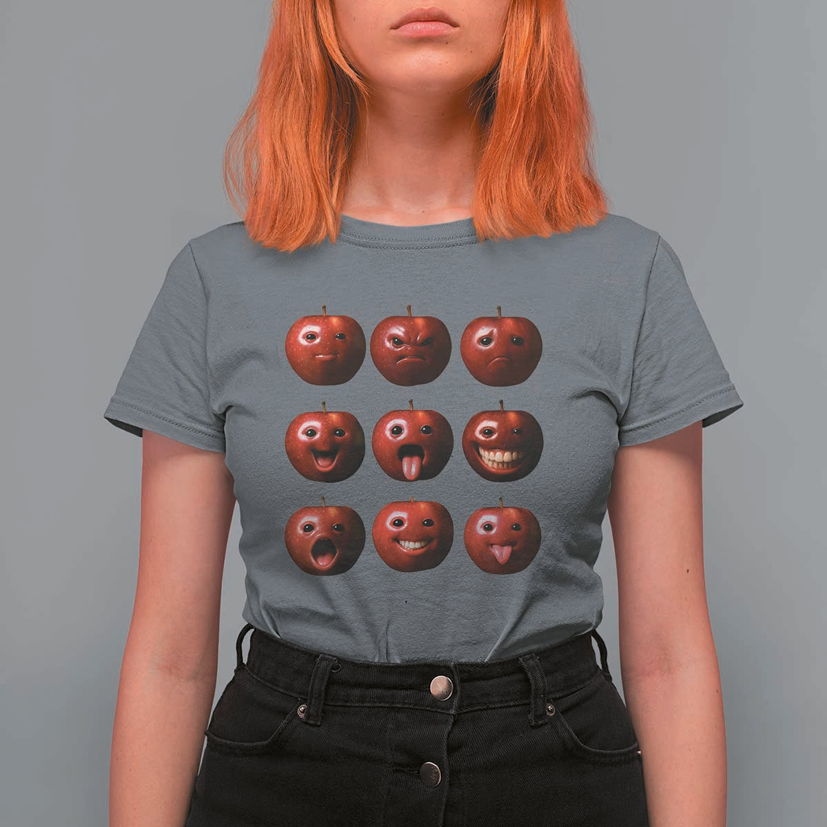 Funny Freaky Apple Faces Meme Graphic T Shirt For Women Surreal Weird AI Fruit Emotions - Wonder Print Shop